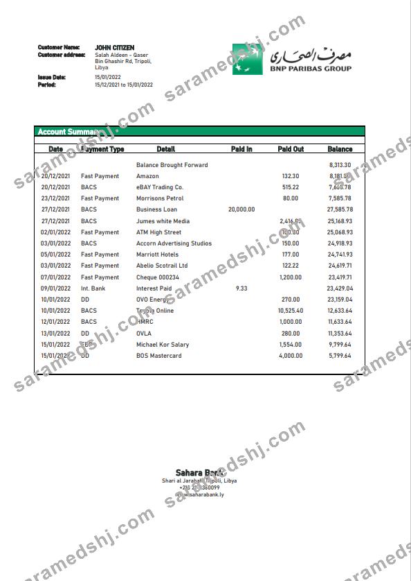Libya Sahara Bank statement template in Word and PDF format.1